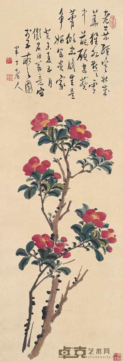 陈半丁 癸未(1943)年作 茶花争妍 立轴 100×34cm